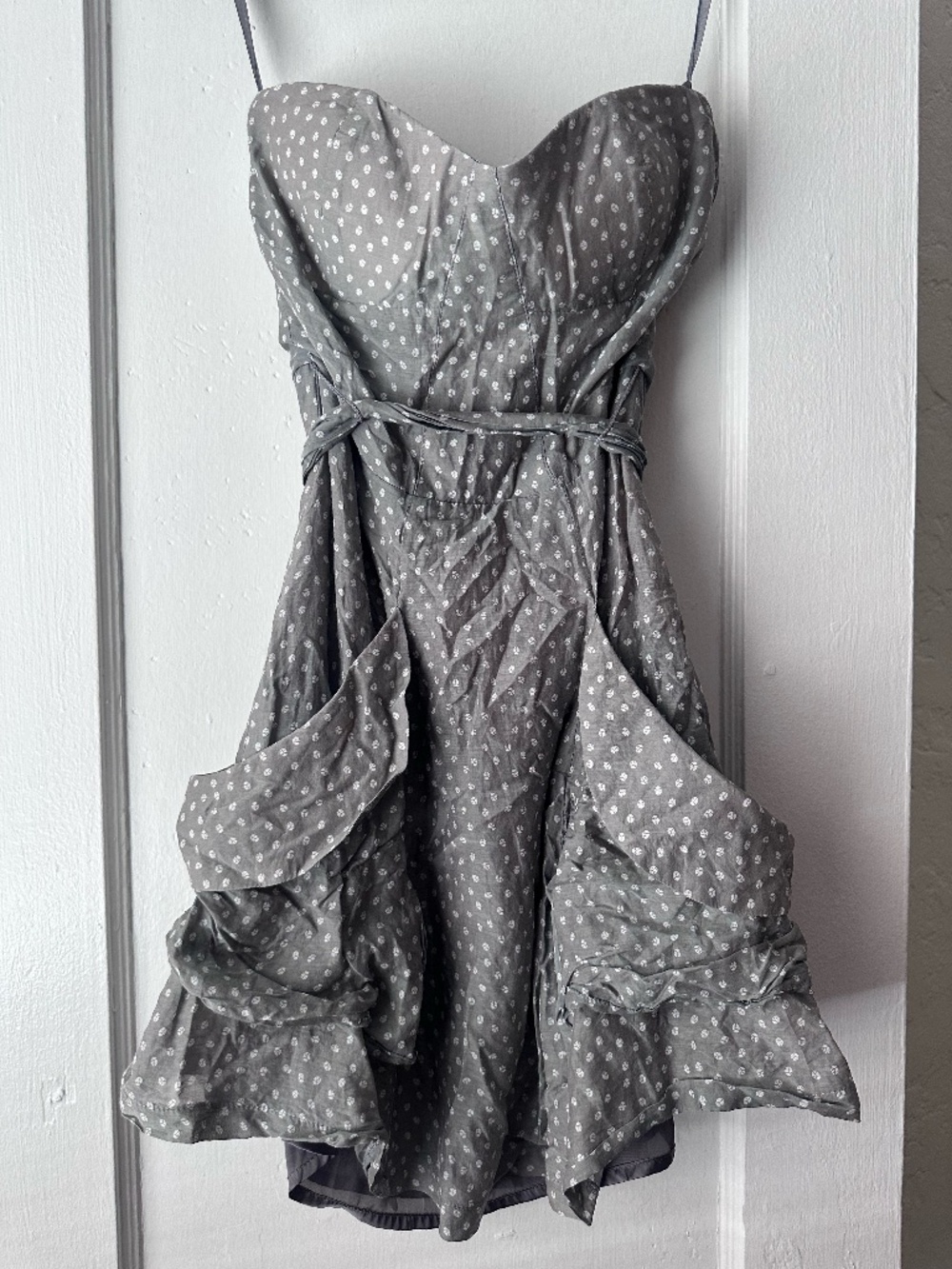 ark & co gray polka dot strapless sweetheart cut ruffle dress